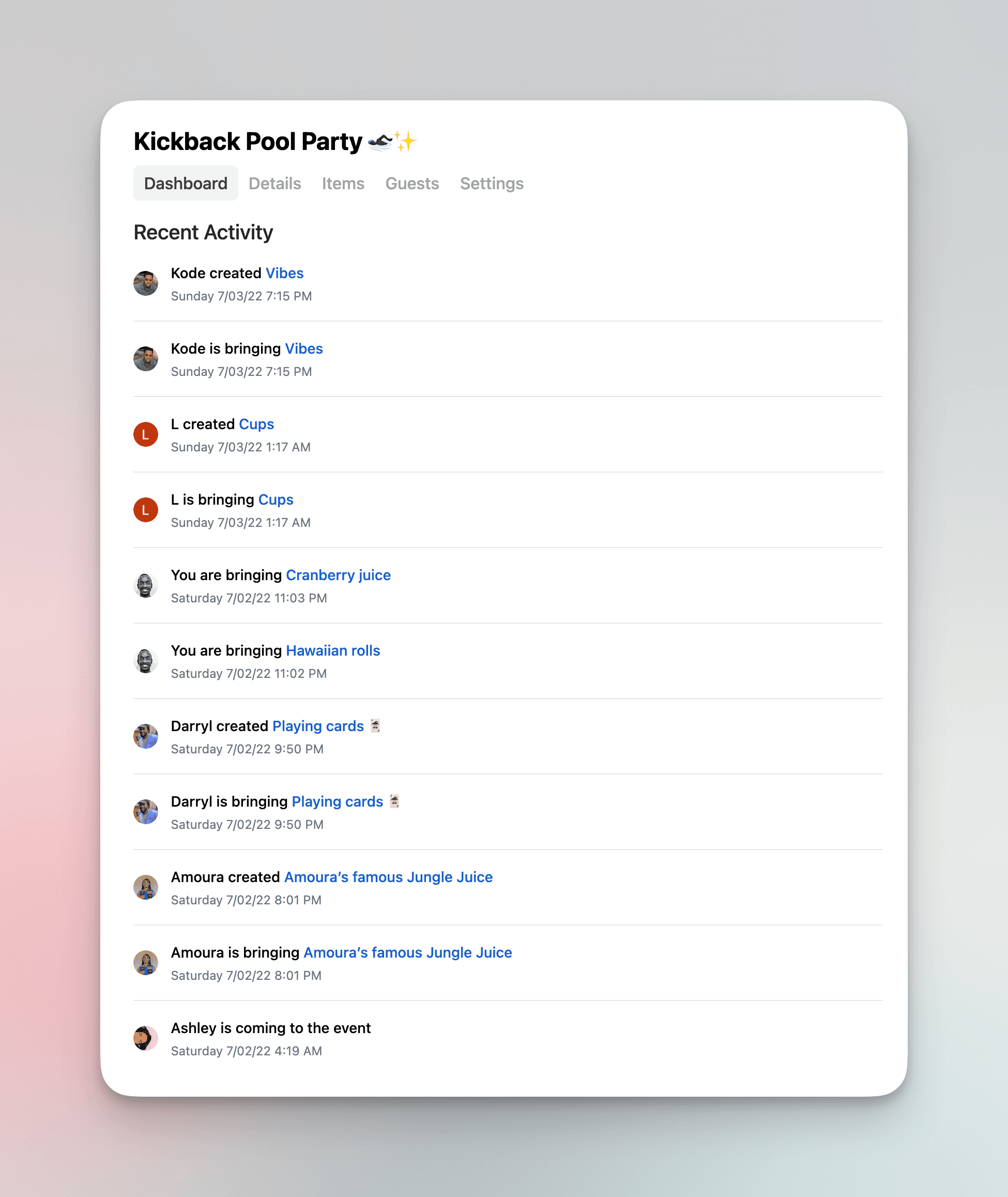 Overall dashboard view